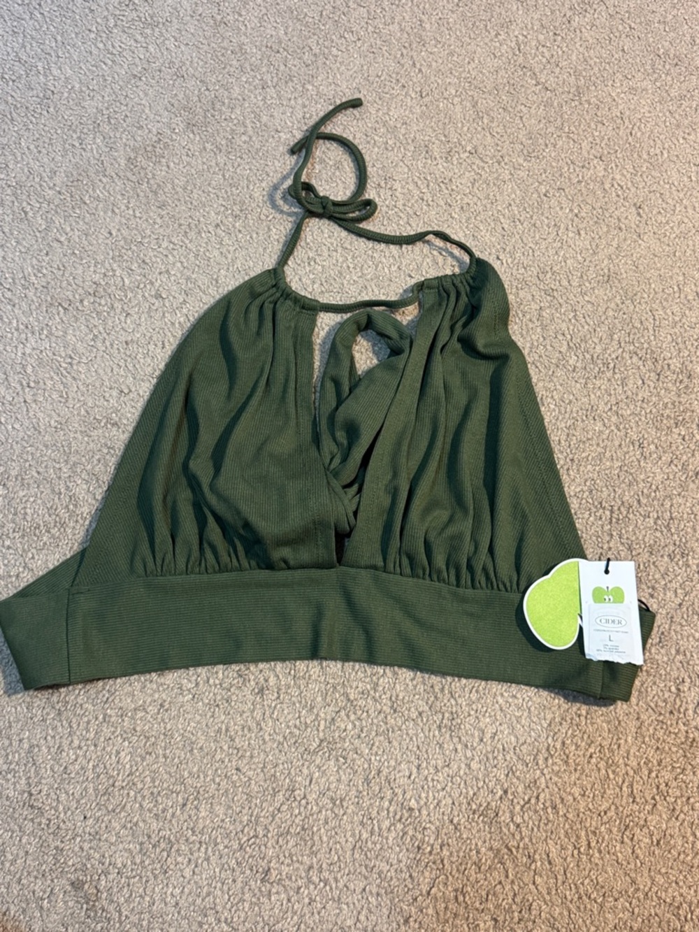 Olive Green Halter Crop Top Cider Size Large NWT Sustainable Women’s